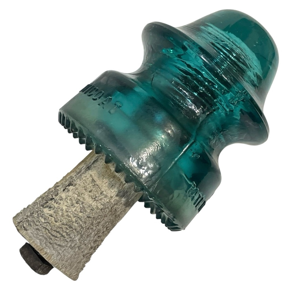 Antique 1890s Hemingray Glass Insulator Original Wooden Peg Petticoat Aqua/Blue